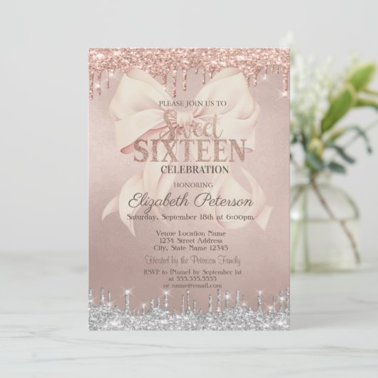 Pink Bow Silver Glitter Drips Rose Gold  Sweet 16 Kaart (Staand voorkant)