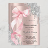 Pink Bow Silver Glitter Drips Rose GoldQuinceañera Kaart (Voorkant / Achterkant)