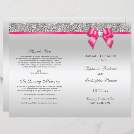 Pink Bow Silver Sequins Wedding Ceremony Programme (Voorkant / Achterkant)