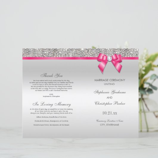 Pink Bow Silver Sequins Wedding Ceremony Programme (Staand voorkant)
