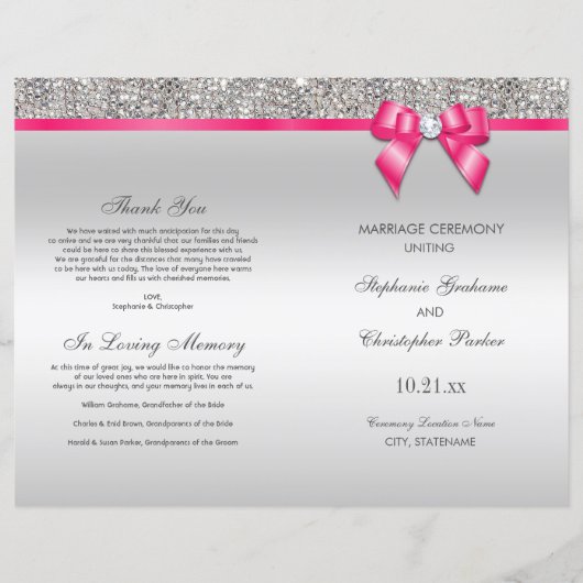 Pink Bow Silver Sequins Wedding Ceremony Programme (Voorkant)