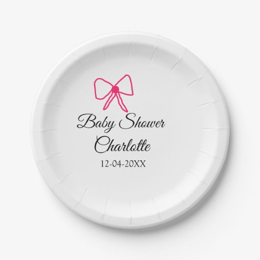PINK BOW SIMPLE BABY SHOWER NAAM TOEVOEGEN DATUM M PAPIEREN BORDJE (Voorkant)