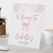 Pink Bow Snowflake Baby Shower Welcome Reclamebord Met Voetstuk (Insitu)