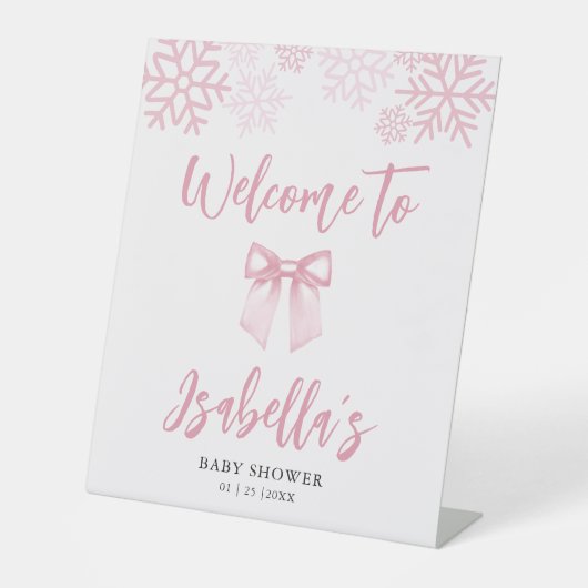 Pink Bow Snowflake Baby Shower Welcome Reclamebord Met Voetstuk (Voorkant)