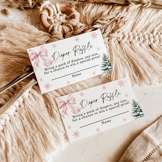 Pink Bow Snowflake Diaper Raffle Card, Winter Baby Informatiekaartje