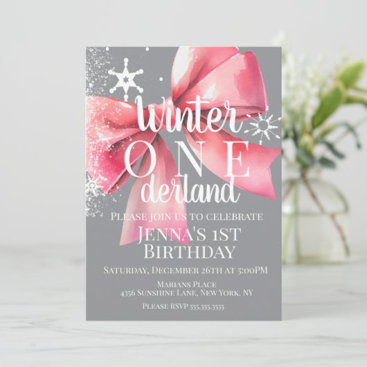 Pink Bow Snowflake Snow Script First Birthday B Kaart (Staand voorkant)