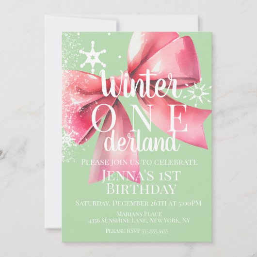 Pink Bow Snowflake Snow Script First Birthday  Kaart (Voorkant)