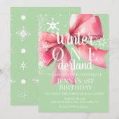 Pink Bow Snowflake Snow Script First Birthday  Kaart (Voorkant / Achterkant)