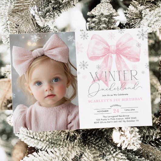 Pink Bow Snowflake Winter Onederland 1e verjaardag Kaart