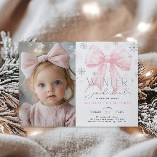 Pink Bow Snowflake Winter Onederland 1e verjaardag Kaart