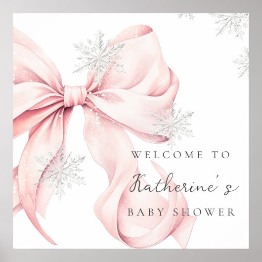 Pink Bow Snowflakes Baby Shower Welcome Poster (Voorkant)