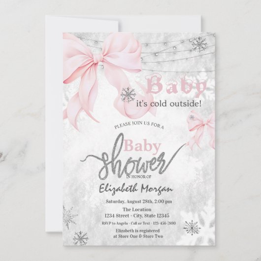  Pink Bow Snowflakes String Lights Baby Shower Kaart (Voorkant)