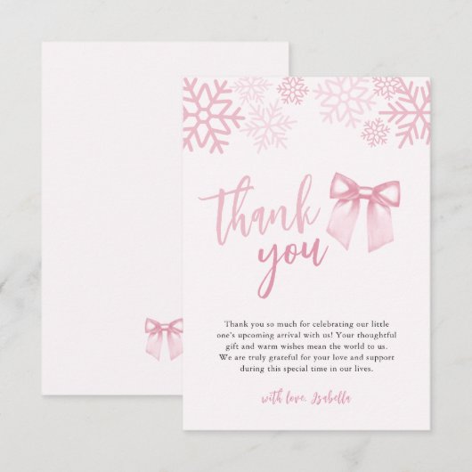Pink Bow Snowflakes Winter Baby Shower Bedankkaart (Voorkant / Achterkant)