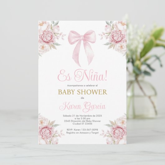 Pink Bow Spaans Baby shower Meisje Kaart (Staand voorkant)