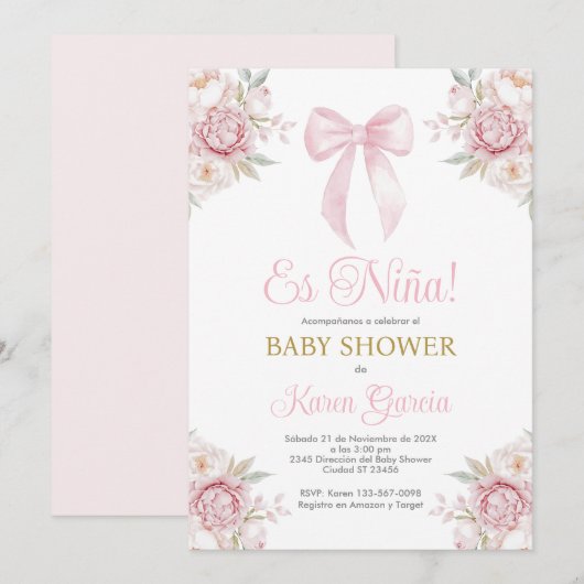 Pink Bow Spaans Baby shower Meisje Kaart (Voorkant / Achterkant)