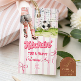 Pink Bow Sports Soccer Kickin Stripe Valentine Tag Cadeaulabel