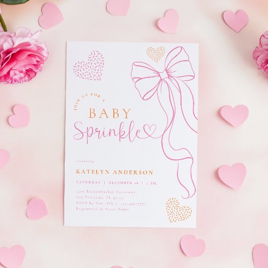 Pink Bow Sprinkle Baby Shower Invitation Kaart