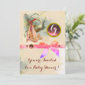 PINK BOW STORK GIRL BABY SHOWER GEMSTONE MONOGRAM KAART (Staand voorkant)