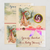 PINK BOW STORK GIRL BABY SHOWER GEMSTONE MONOGRAM KAART (Voorkant / Achterkant)