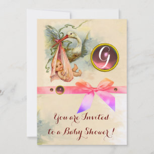 PINK BOW STORK GIRL BABY SHOWER GEMSTONE MONOGRAM KAART