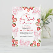 Pink Bow Strawberry Baby shower Invitation Girl Bedankkaart (Staand voorkant)