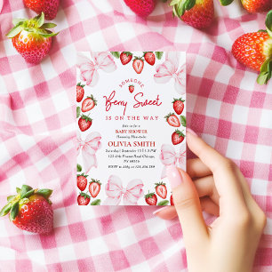 Pink Bow Strawberry Baby shower Invitation Girl Bedankkaart