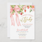 Pink Bow Strawberry Baby Shower Invitation Kaart (Voorkant)