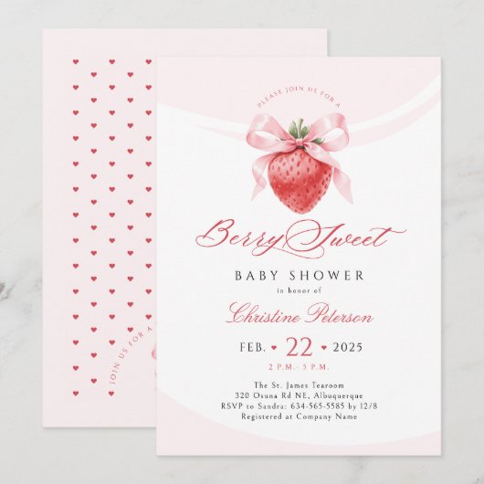 Pink Bow Strawberry Baby shower Uitnodiging (Voorkant / Achterkant)