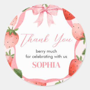 Pink Bow Strawberry Berry eerste verjaardagsfeestj Ronde Sticker