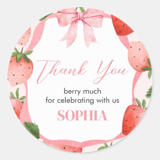 Pink Bow Strawberry Berry eerste verjaardagsfeestj Ronde Sticker (Voorkant)