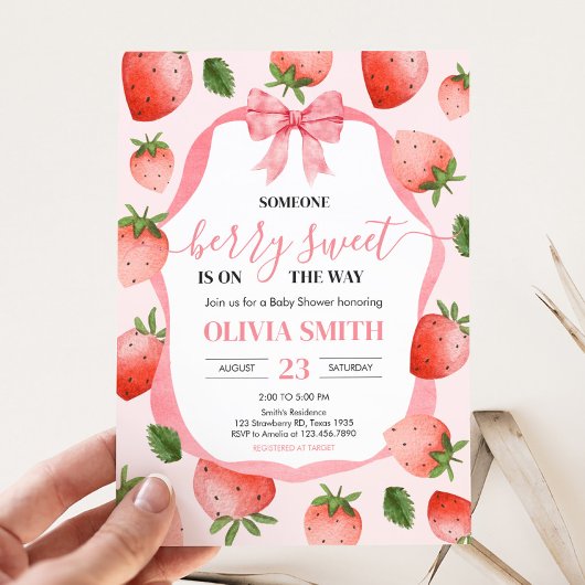 Pink Bow Strawberry Berry Sweet Baby shower Kaart