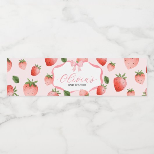 Pink Bow Strawberry Berry Sweet Baby shower Waterfles Etiket (Enkel label)