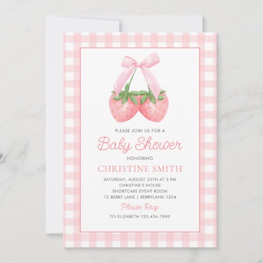 Pink Bow Strawberry Girl Baby shower Kaart (Voorkant)