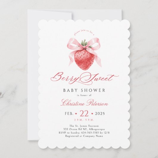 Pink Bow Strawberry Girl Baby shower Uitnodiging (Voorkant)