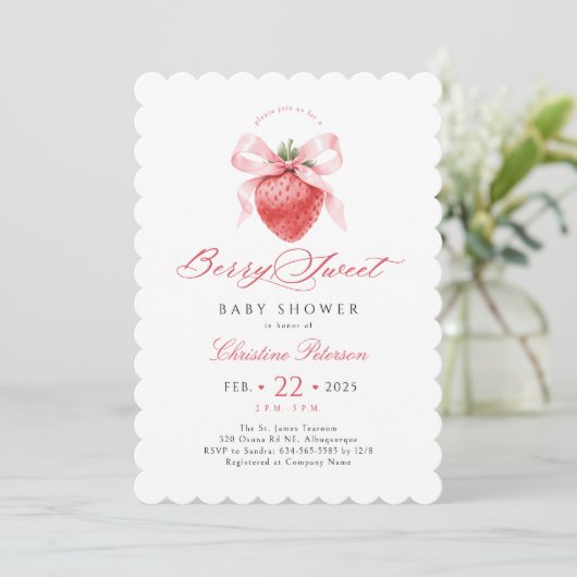 Pink Bow Strawberry Girl Baby shower Uitnodiging (Staand voorkant)
