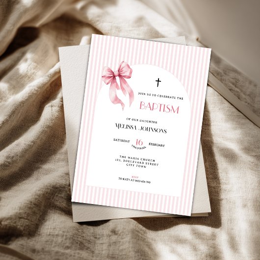 Pink Bow Striped Baptism Invitation for Girls Kaart