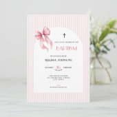 Pink Bow Striped Baptism Invitation for Girls Kaart (Staand voorkant)