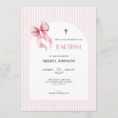 Pink Bow Striped Baptism Invitation for Girls Kaart (Voorkant)