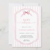Pink Bow Stripes Baby Shower Invitation Kaart (Voorkant)