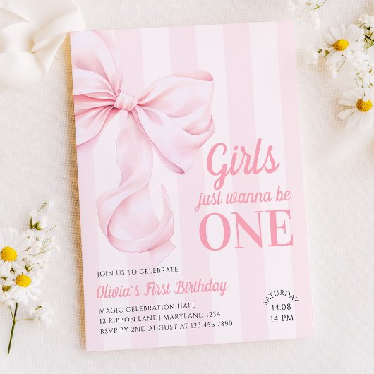 Pink Bow Stripes First Birthday Kaart