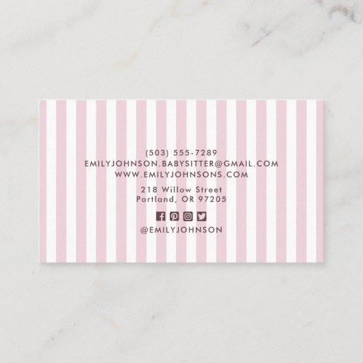 Pink Bow & Stripes, social media iconen babysitter Visitekaartje (Achterkant)
