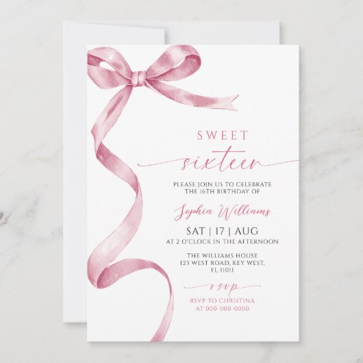 Pink Bow Sweet 16 Verjaardag Uitnodiging (Voorkant)