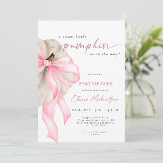 Pink Bow Sweet Little Pumpkin Coquette Baby shower Kaart (Staand voorkant)