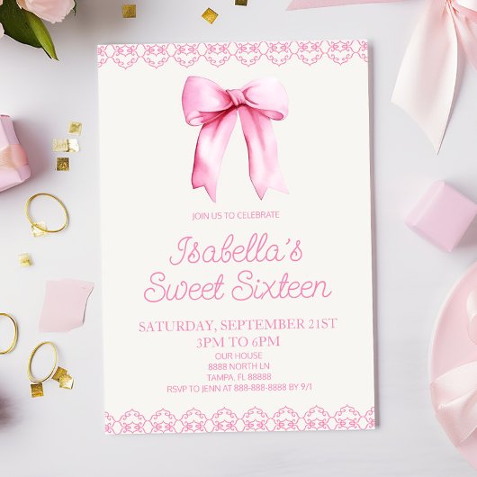 Pink Bow Sweet Sixteen 16e verjaardagsfeestje Kaart