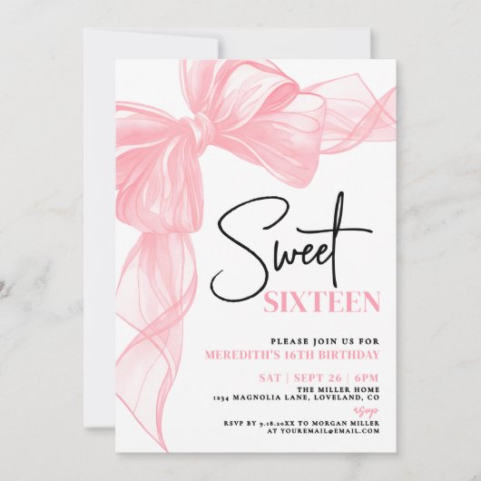 Pink Bow Sweet Sixteen 16th Birthday Kaart (Voorkant)