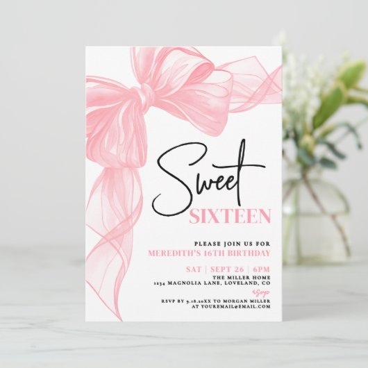 Pink Bow Sweet Sixteen 16th Birthday Kaart (Staand voorkant)