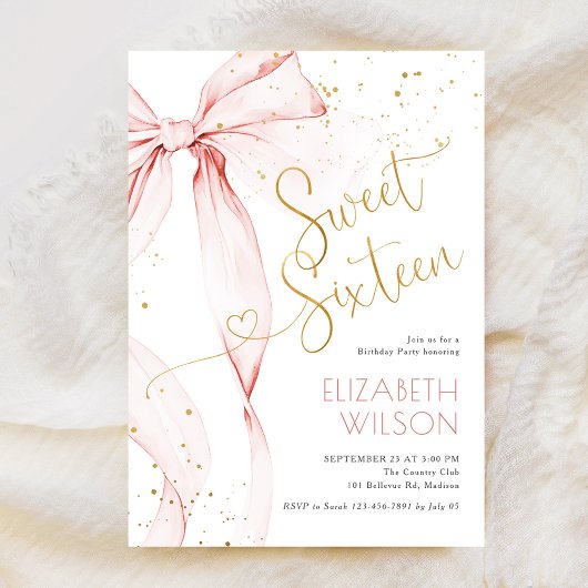 Pink Bow Sweet Sixteen Birthday Invitation Kaart