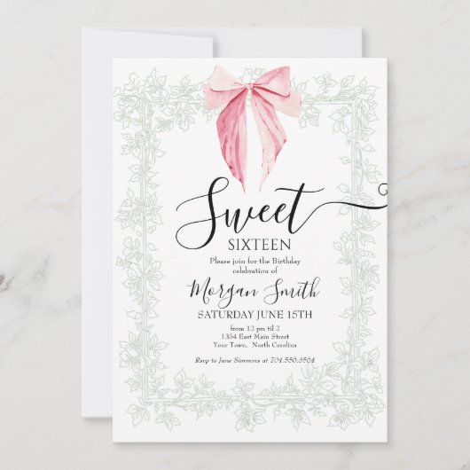 pink bow Sweet Sixteen Birthday Kaart (Voorkant)