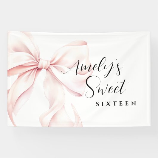 Pink Bow Sweet Sixteen Verjaardag Achtergrond Spandoek (Horizontaal)