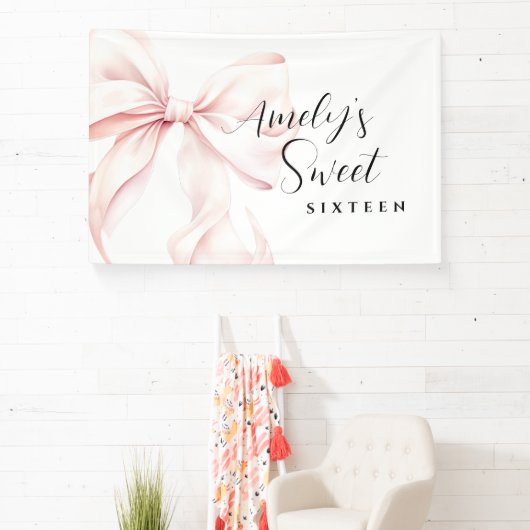 Pink Bow Sweet Sixteen Verjaardag Achtergrond Spandoek (Insitu)